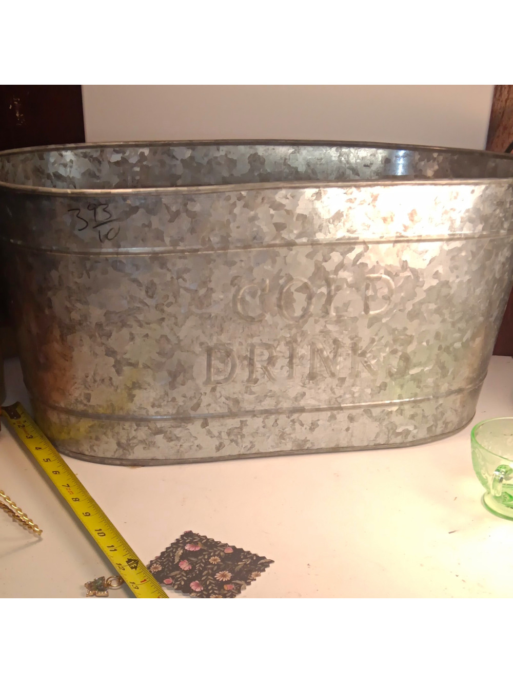 Galvanized Metal Oval Ice Bucket Tub, Silver, Embossed “COLD DRINKS”